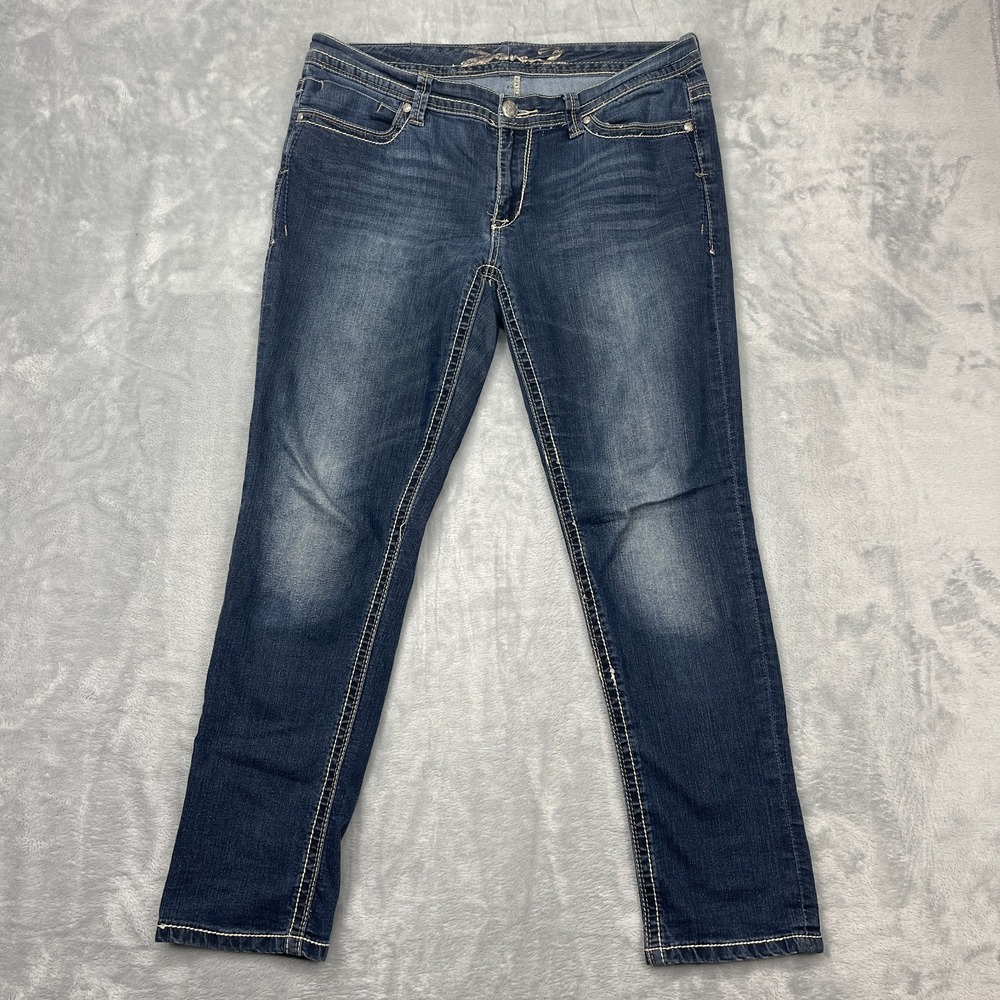 Seven7 Jeans Womens 14 Blue Denim Faded Double Stitch Whiskered Comfort Mid Rise